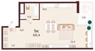 Планировка 1-комн. квартира, 59.4 м² ЖК «Роялта»