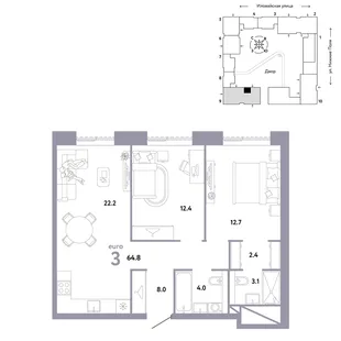 Планировка 3-комн. квартира, 64.8 м² ЖК «Страна.Заречная»