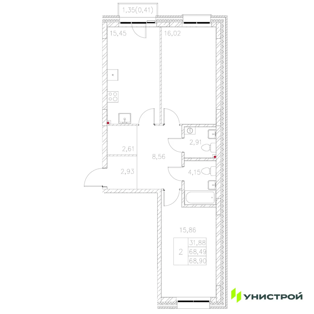 Планировка 2-комн. квартира, 68.9 м² ЖК «Statum»