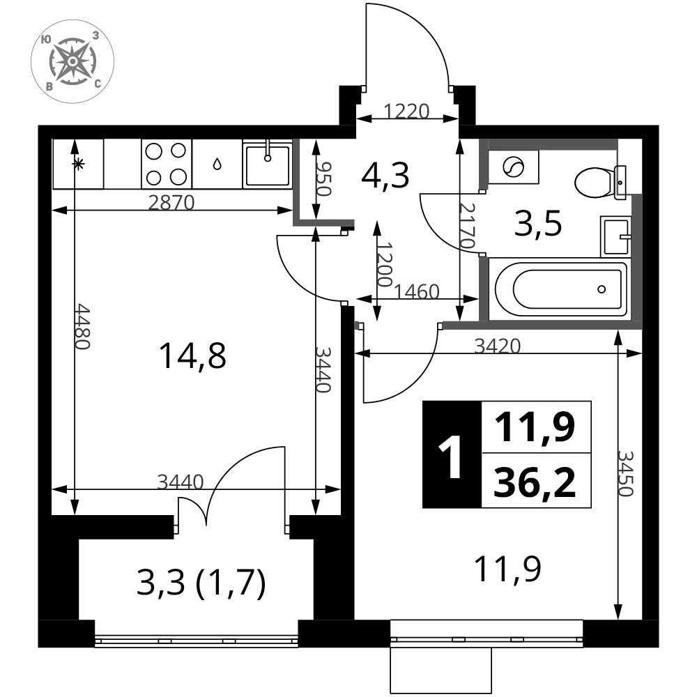 Планировка 1-комн. квартира, 36.2 м² ЖК «1-й Шереметьевский»