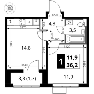 Планировка 1-комн. квартира, 36.2 м² ЖК «1-й Шереметьевский»