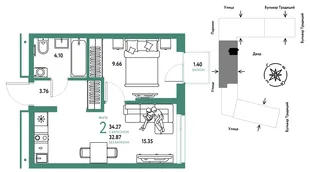 Планировка 2-комн. квартира, 34.27 м² ЖК «Микрорайон Домашний»