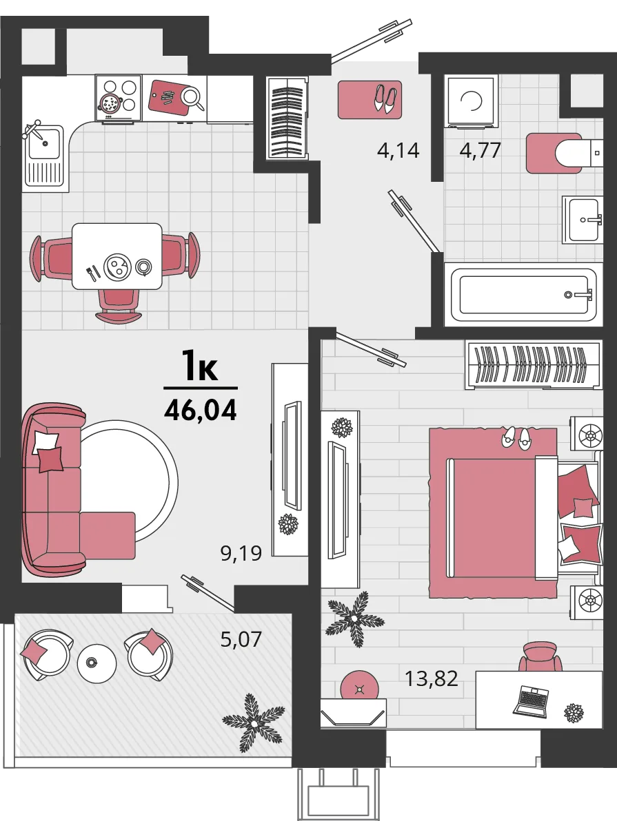 Планировка 2-комн. квартира, 46.04 м² ЖК «Родные просторы»
