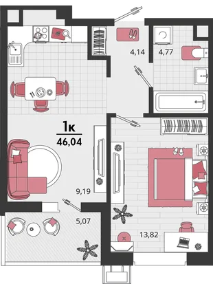 Планировка 2-комн. квартира, 46.04 м² ЖК «Родные просторы»