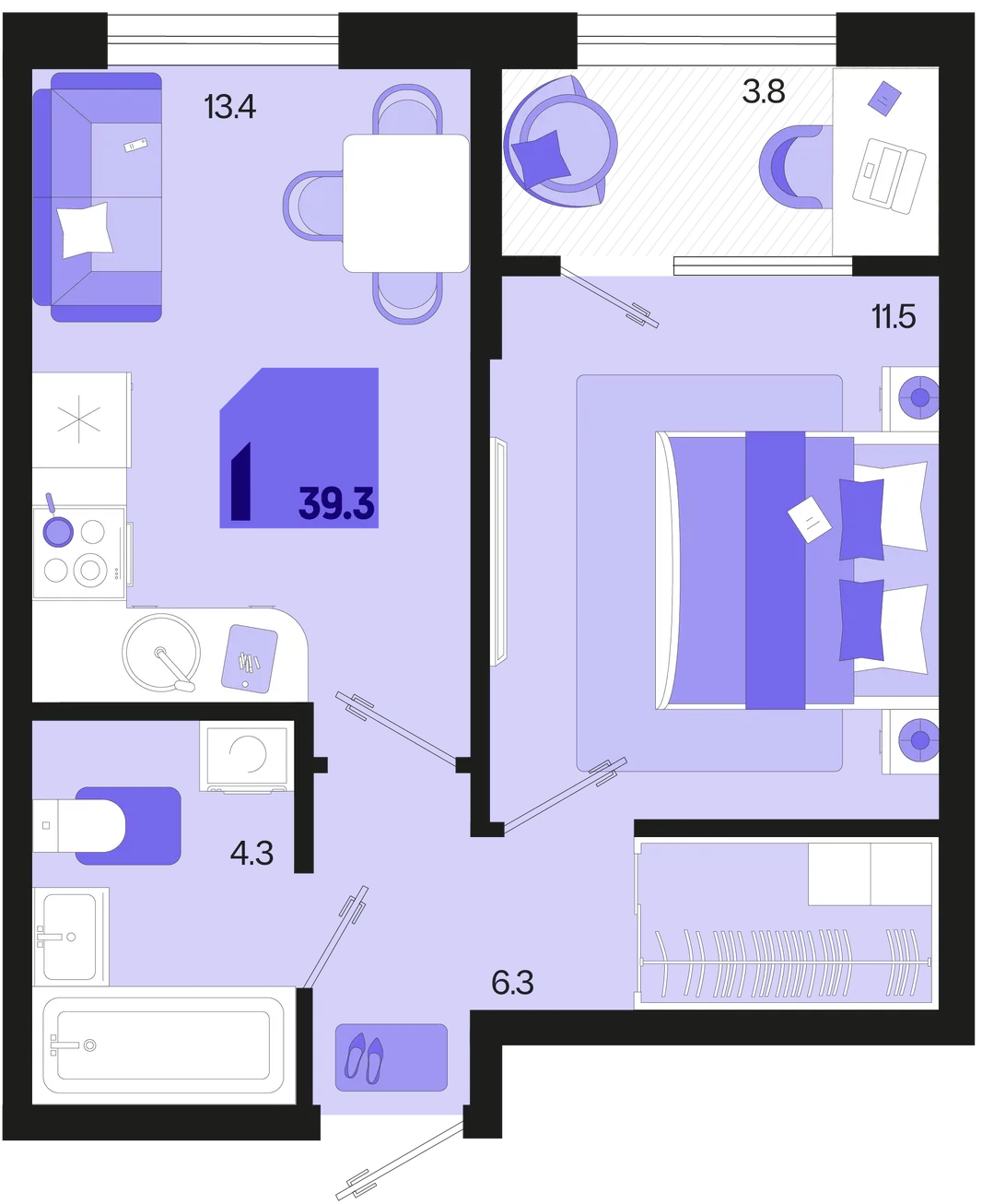 Планировка 1-комн. квартира, 39.3 м² ЖК «Первое место»