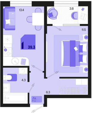 Планировка 1-комн. квартира, 39.3 м² ЖК «Первое место»