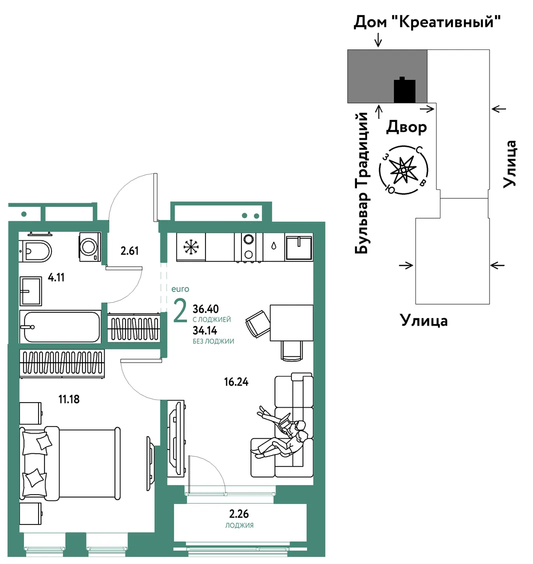 Планировка 2-комн. квартира, 36.4 м² ЖК «Микрорайон Домашний»