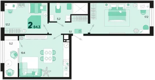 Планировка 2-комн. квартира, 64.3 м² ЖК «Первое место»
