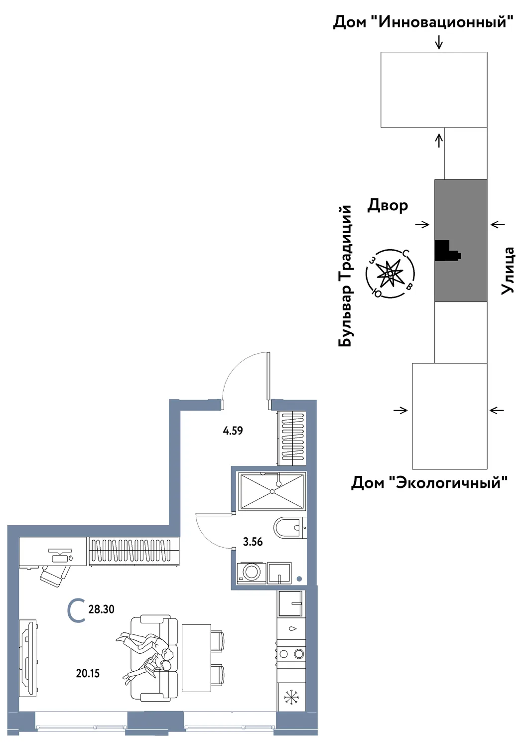 Планировка Студия, 28.3 м² ЖК «Микрорайон Домашний»
