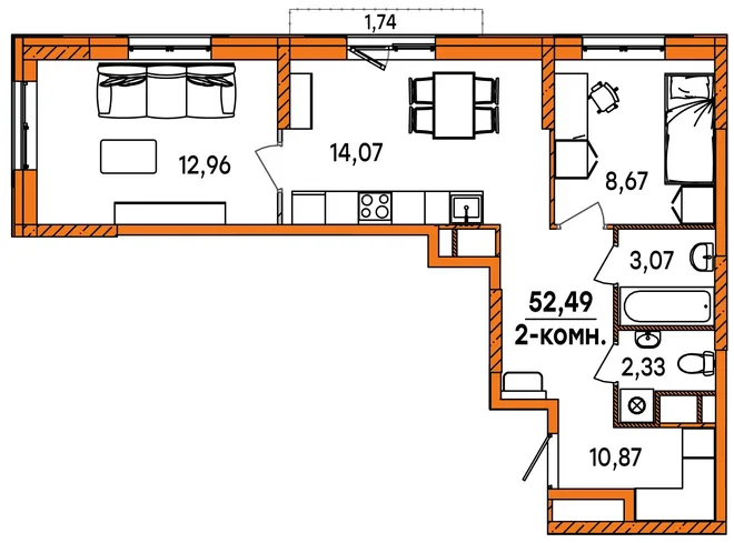 Планировка 2-комн. квартира, 52.49 м² ЖК «Юность» Планировка 2-комн. квартира, 52.49 м² ЖК «Юность»