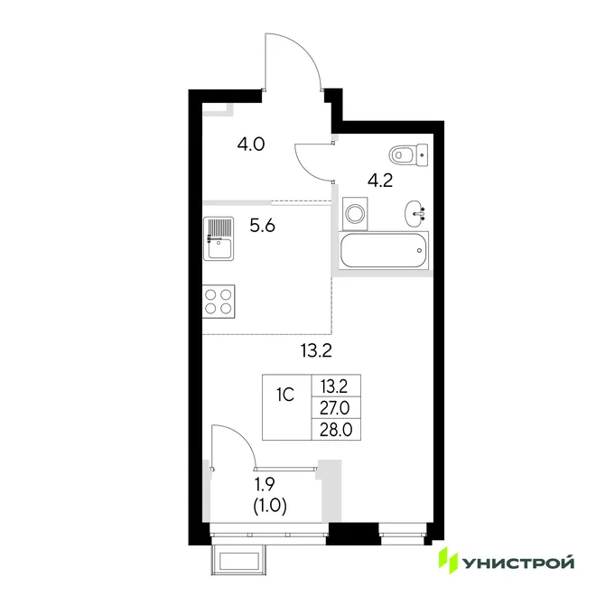 Планировка 1-комн. квартира, 28 м² ЖК «Стадиум»