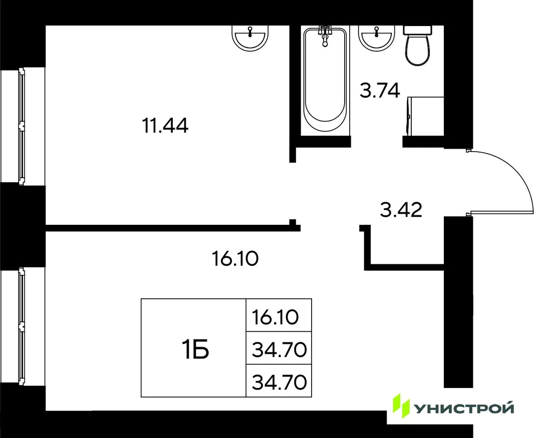 Планировка 1-комн. квартира, 34.7 м² ЖК «Царёво City»