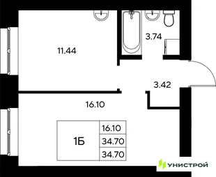 Планировка 1-комн. квартира, 34.7 м² ЖК «Царёво City»