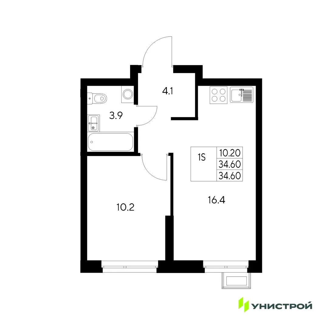 Планировка 1-комн. квартира, 34.6 м² ЖК «Стадиум»