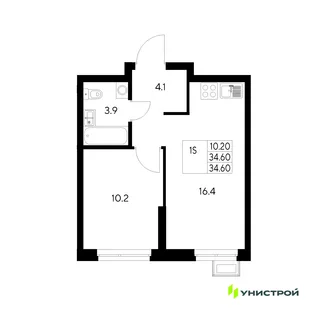Планировка 1-комн. квартира, 34.6 м² ЖК «Стадиум»