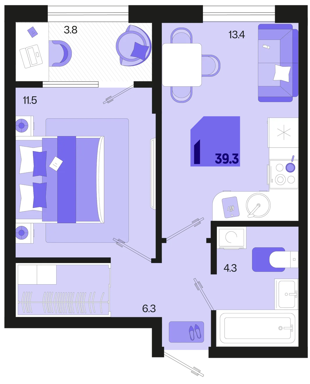 Планировка 1-комн. квартира, 39.3 м² ЖК «Первое место»