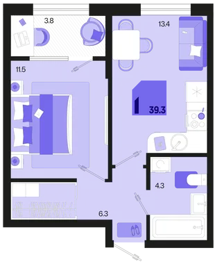 Планировка 1-комн. квартира, 39.3 м² ЖК «Первое место»