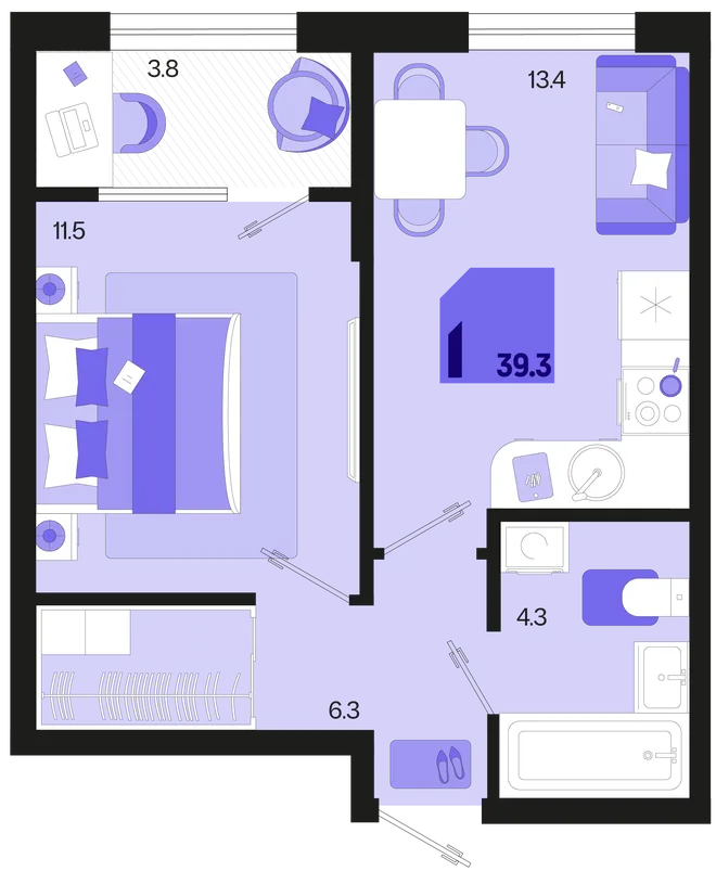 Планировка 1-комн. квартира, 39.3 м² ЖК «Первое место» Планировка 1-комн. квартира, 39.3 м² ЖК «Первое место»