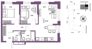 Планировка 3-комн. квартира, 57.67 м² ЖК «Микрорайон Домашний»