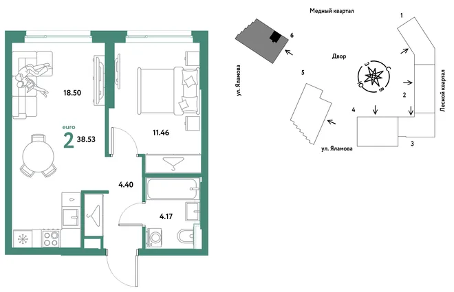 Планировка 2-комн. квартира, 38.53 м² ЖК «Сибирский сад» Планировка 2-комн. квартира, 38.53 м² ЖК «Сибирский сад»