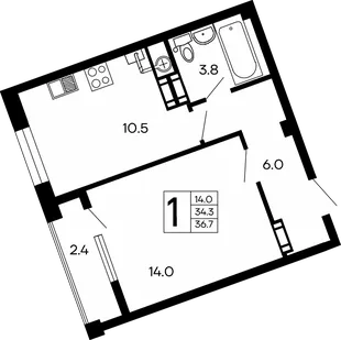 Планировка 1-комн. квартира, 36.7 м² ЖК «Семейный»