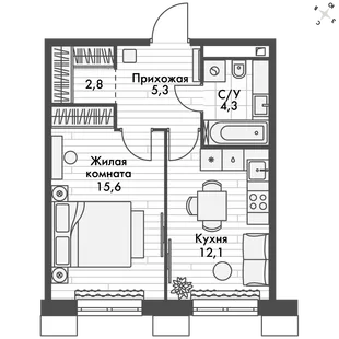 Квартира 1-комн. квартира, 40.1 м² ЖК «Флагман» Фото 1