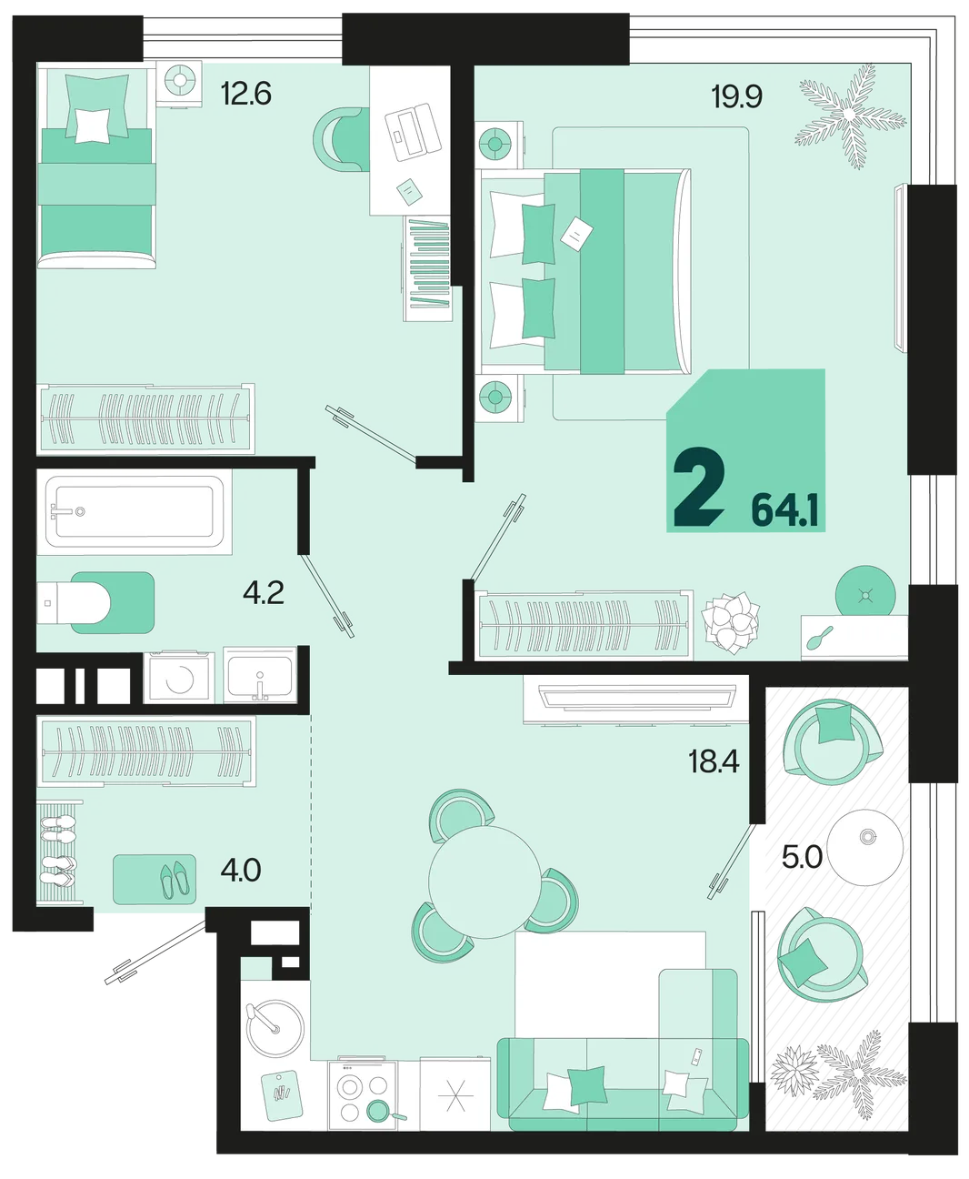 Планировка 2-комн. квартира, 64.1 м² ЖК «Первое место»