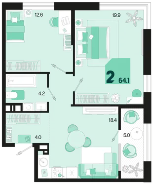 Планировка 2-комн. квартира, 64.1 м² ЖК «Первое место»
