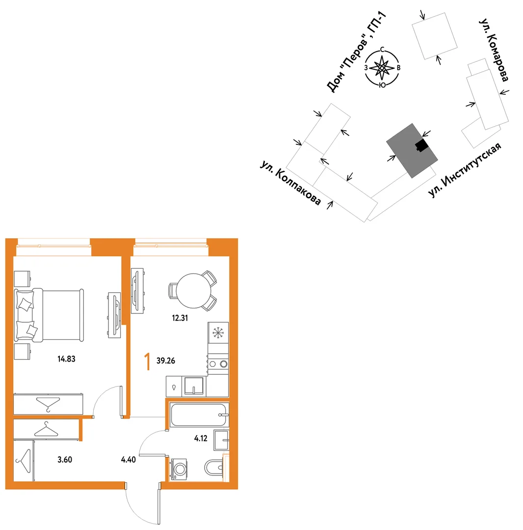 Планировка 1-комн. квартира, 39.26 м² ЖК «Страна.Парковая»