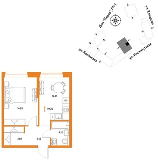 Планировка 1-комн. квартира, 39.26 м² ЖК «Страна.Парковая»