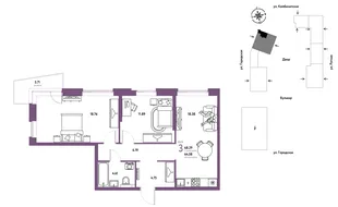 Планировка 3-комн. квартира, 68.29 м² ЖК «Уральский сад»