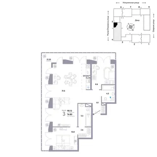 Планировка 3-комн. квартира, 98.13 м² ЖК «Страна.Озёрная»