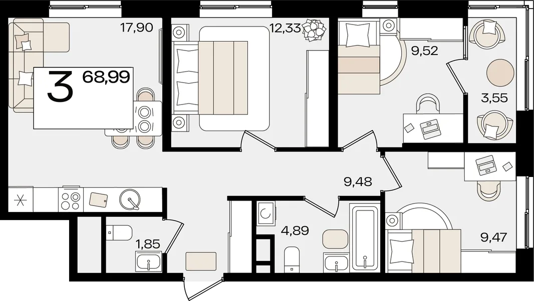 Планировка 3-комн. квартира, 68.99 м² ЖК «Патрики»