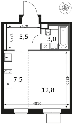 Планировка Студия, 28.8 м² ЖК «1-й Химкинский»