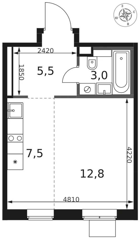 Планировка Студия, 28.8 м² ЖК «1-й Химкинский» Планировка Студия, 28.8 м² ЖК «1-й Химкинский»