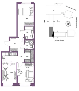 Планировка 3-комн. квартира, 69.96 м² ЖК «Сердце Сибири»