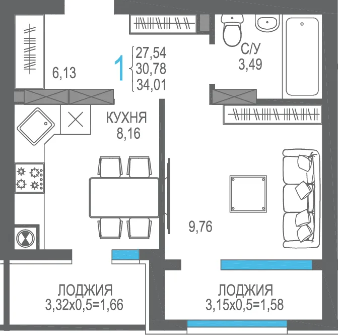 Планировка 1-комн. квартира, 30.78 м² ЖК «На Фонтанке»