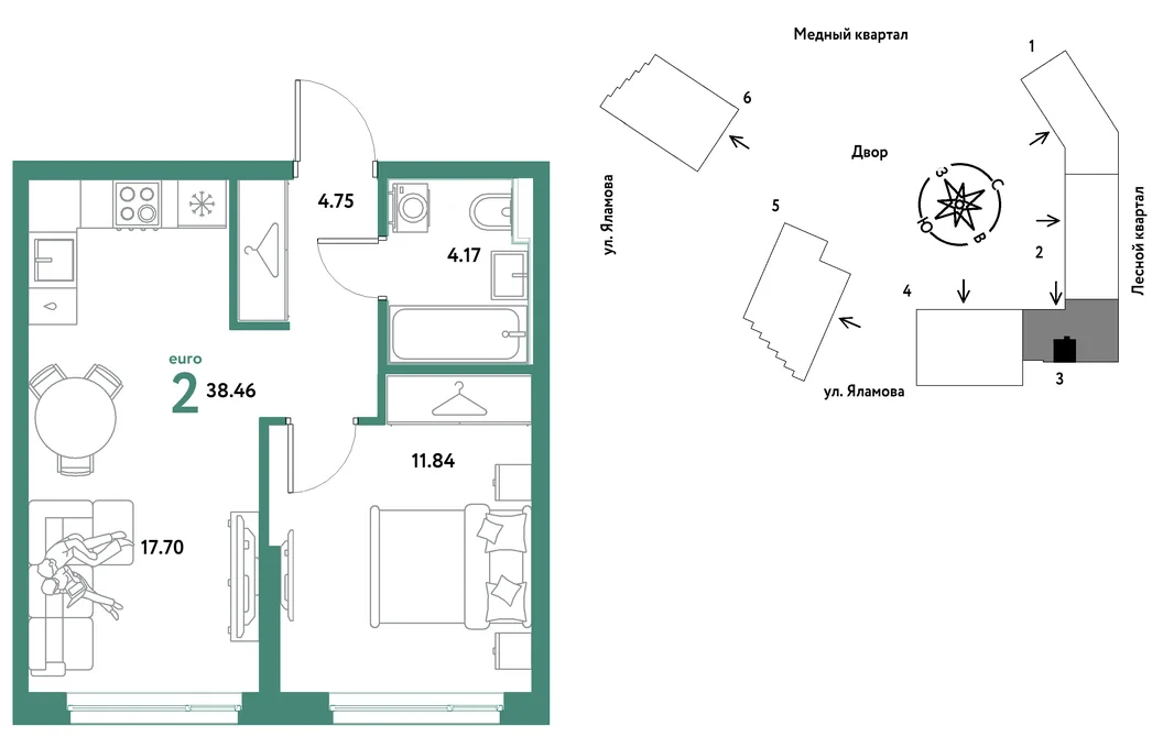 Планировка 2-комн. квартира, 38.46 м² ЖК «Сибирский сад»