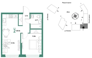 Планировка 2-комн. квартира, 38.46 м² ЖК «Сибирский сад»