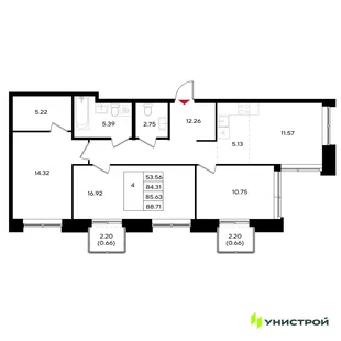 Планировка 4-комн. квартира, 85.63 м² ЖК «Уникум на Энгельса»