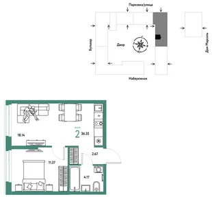 Планировка 2-комн. квартира, 36.35 м² ЖК «Европейский берег 2.0»