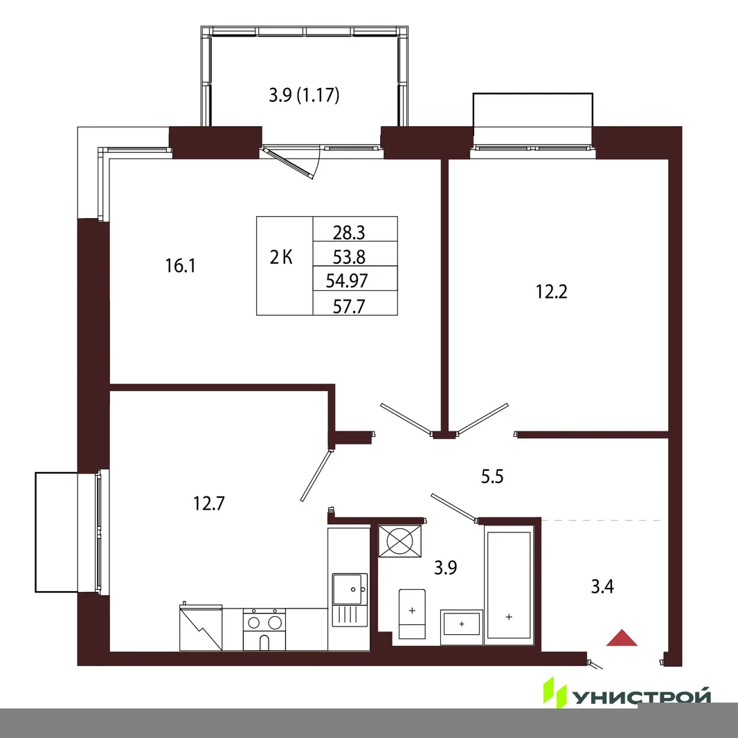 Планировка 2-комн. квартира, 54.97 м² ЖК «Лисино»