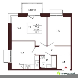 Планировка 2-комн. квартира, 54.97 м² ЖК «Лисино»