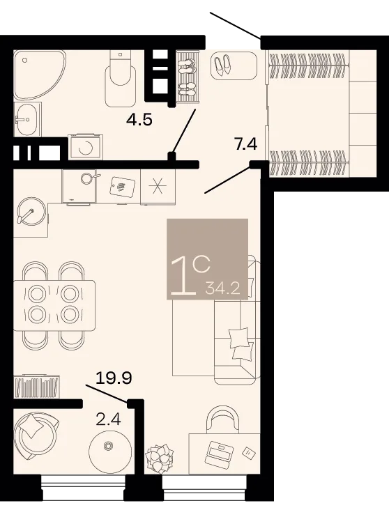 Планировка Студия, 34.2 м² ЖК «Хозяин морей»