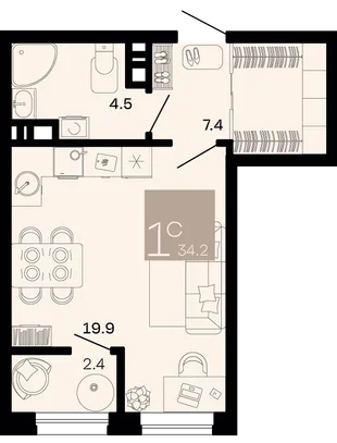 Планировка Студия, 34.2 м² ЖК «Хозяин морей»