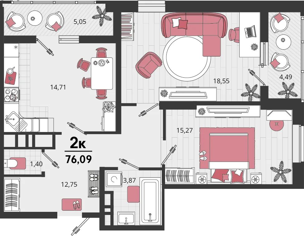 Планировка 2-комн. квартира, 76.09 м² ЖК «Родные просторы»
