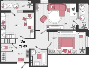 Планировка 2-комн. квартира, 76.09 м² ЖК «Родные просторы»