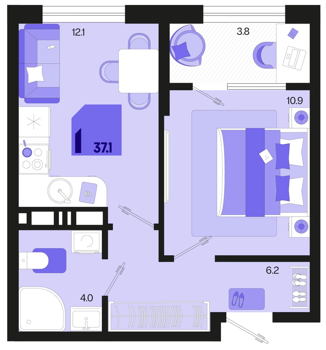 Планировка 1-комн. квартира, 37.1 м² ЖК «Первое место»