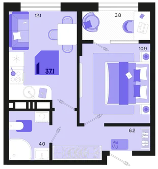 Планировка 1-комн. квартира, 37.1 м² ЖК «Первое место»