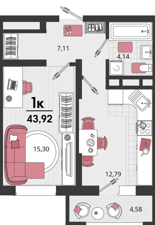 Планировка 1-комн. квартира, 43.92 м² ЖК «Родные просторы»